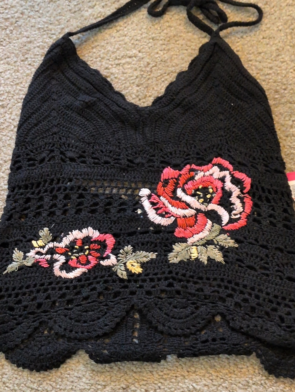 Xhilaration Black Crochet Camisole with Pink and Red Floral Embroidery